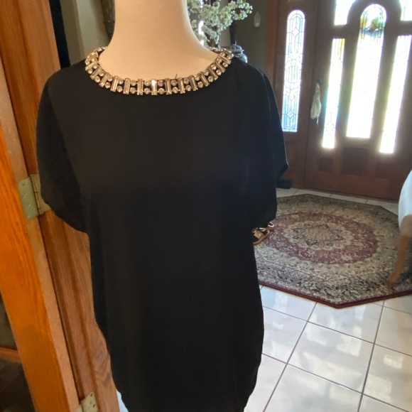 Beautiful black silky blouse with rhinestone collar  size M - Picture 2 of 6